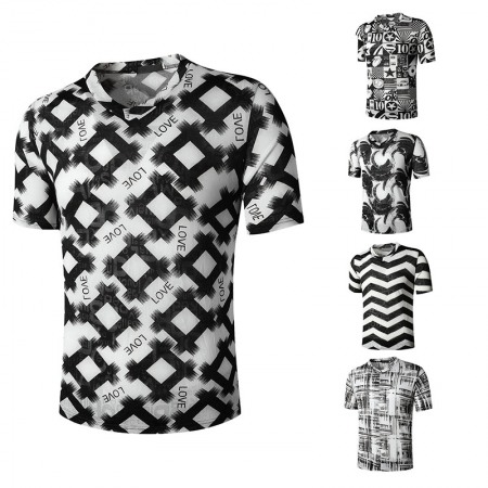 Summer Men's English Jacquard Fashion V-Neck Short-Sleeved T-Shirt