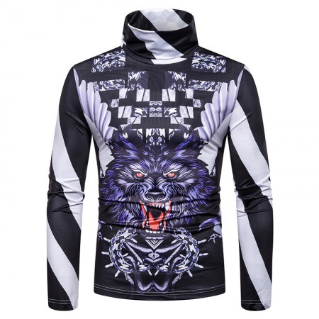 New Men's Plus Size 3D Cheetah Stripe Print High Neck Long Sleeve T-Shirt Bottoming Shirt