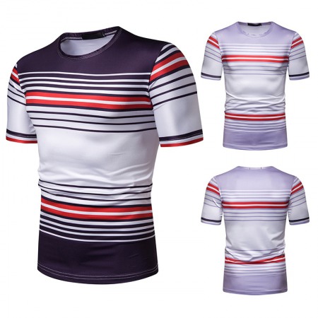 New Summer Men's Short-Sleeved T-Shirt Mens Contrast Striped Slim Casual T-Shirt