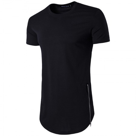 Men's Fashion Style Double Zipper Long Round Neck T-Shirt Multicolor Plus Size Short-Sleeved T-Shirt