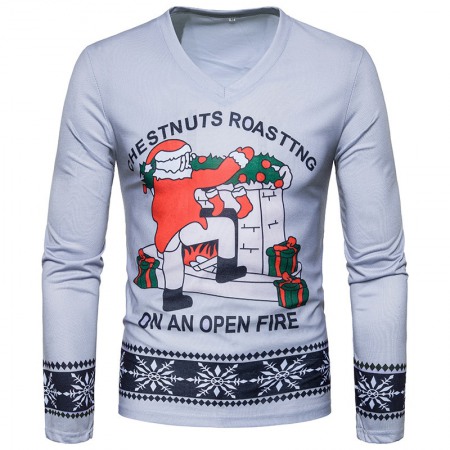 Hot Style Men's Christmas Mens Long-Sleeved V-Neck T-Shirt