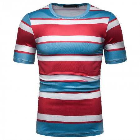 Summer Men's Short-Sleeved T-Shirt Men's Contrast Striped Slim Casual T-Shirts