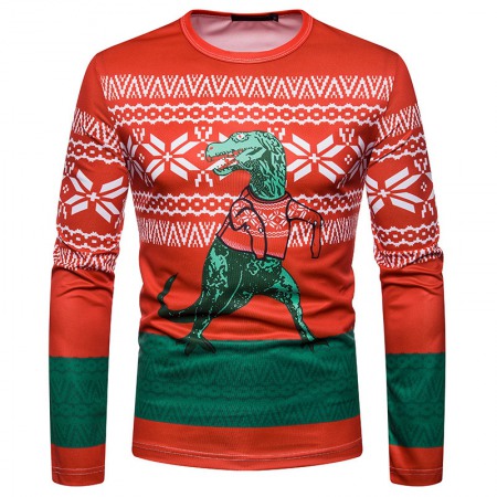 New 3D Personality Printing Fashion Men's Christmas Dinosaur Pattern Long-Sleeved T-Shirt