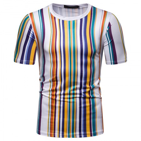 New Summer Men's Short-Sleeved T-Shirt Men's Contrast Striped Slim Casual T-Shirt